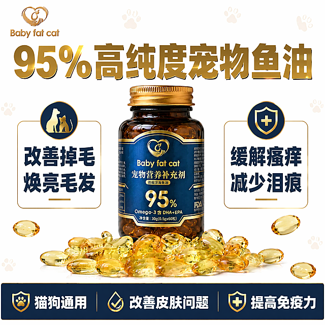 「图片1」，生成电商主图（1张），商品名称是xxx，卖点是改善掉毛严重 毛发干枯无光泽 泪痕重 皮肤瘙痒 提高免疫力，场景配合猫狗真实感 纯白色背景 适配拼多多平台，主图比例为1:1