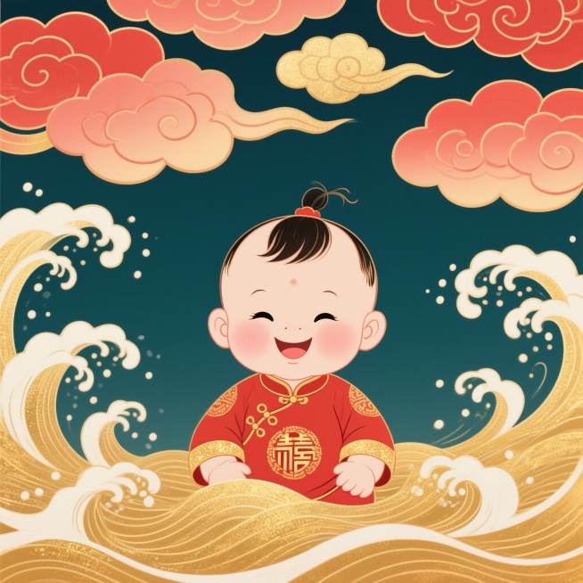 一幅国风古韵卡通画，画面中央是一个3个月大的可爱女婴，她穿着传统的红色喜庆服饰，面带微笑，周围环绕着金色的潮汐，潮水如丝绸般涌动，上方漂浮着朵朵祥云，祥云呈柔和的红色和金色，整体色调温暖喜庆，充满祥和预览效果