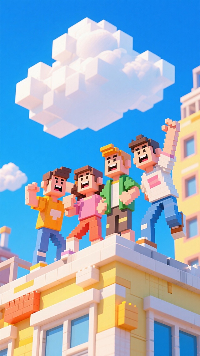 四个朋友摆着搞怪的姿势在楼顶合照，蓝天白云