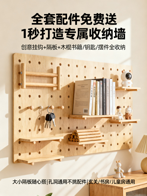 电商主图，配件与收纳卖点，大字主标题"全套配件免费送 1 秒打造专属收纳墙"，小字副标题"创意挂钩 + 隔板 + 木棍 书籍 / 钥匙 / 摆件全收纳"，卖点小字"大小隔板随心搭 | 孔洞通用不挑配件预览效果
