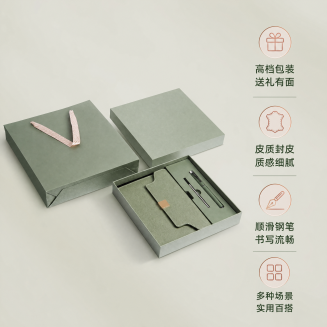 [主图-2] 抹茶绿笔记本钢笔礼盒核心亮点展示；[氛围风格] 清晰直观，突出产品优势；[画质] 商业摄影质感，光线柔和通透，产品清晰真实，画面干净高级；[元素] 保持礼盒及产品外观、物理结构、材质质感预览效果
