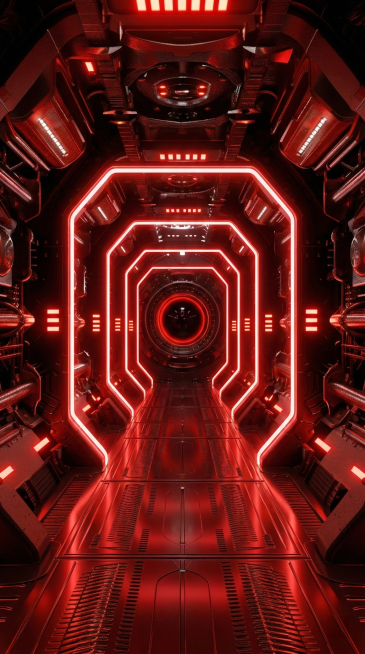 将两张科幻通道图融合，整体统一为红色调，保留机械结构与发光线条预览效果