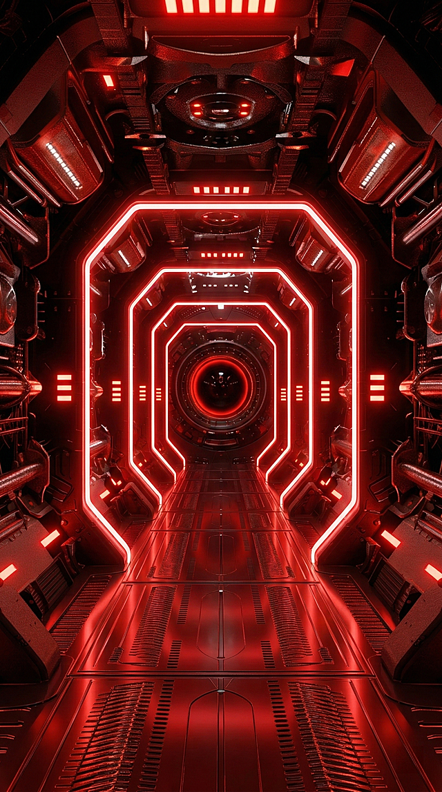 将两张科幻通道图融合，整体统一为红色调，保留机械结构与发光线条