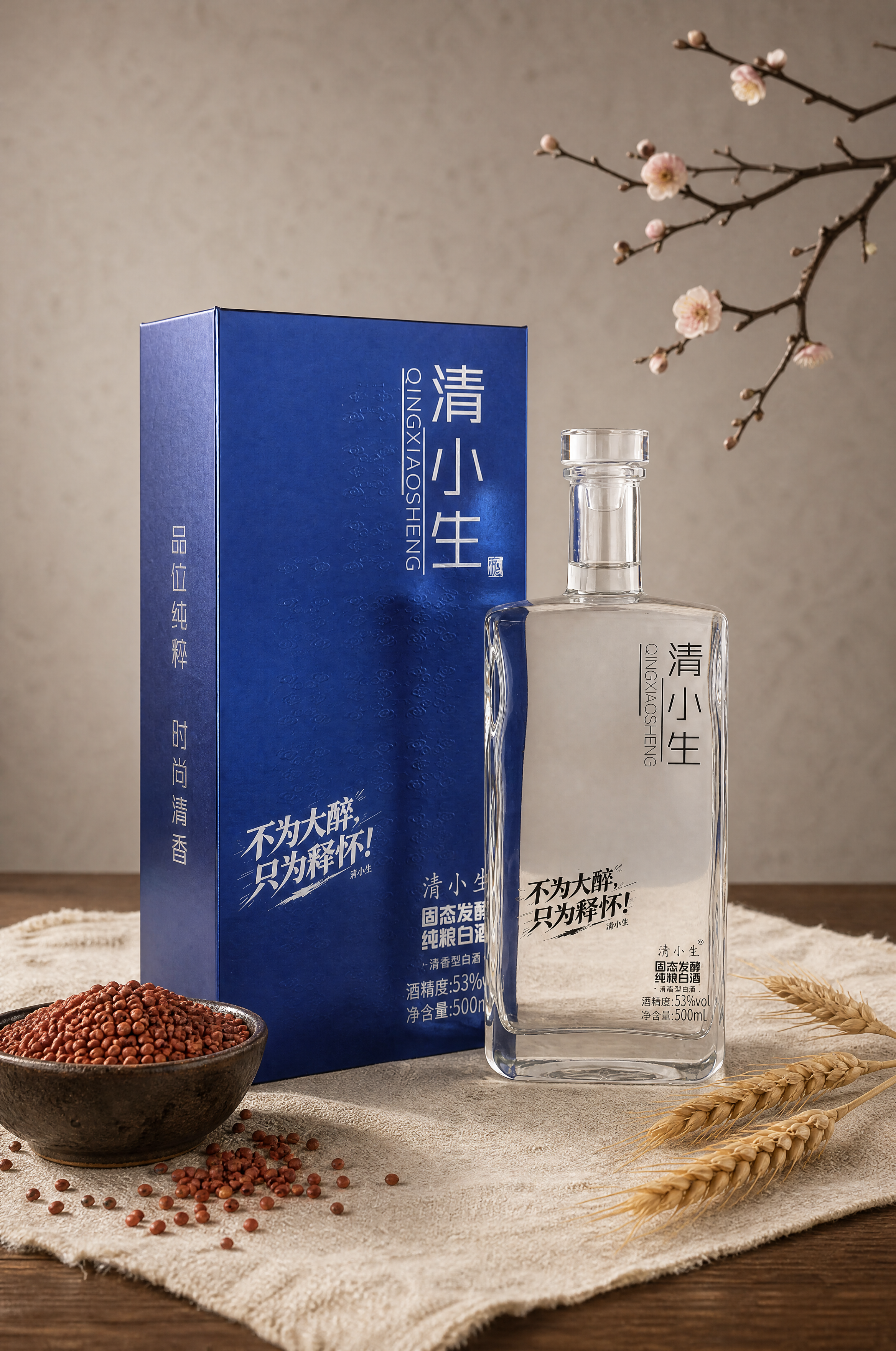 白酒产品（含酒瓶与蓝色包装盒）严格参照上传产品图，完整保留所有… - 图片创意预览