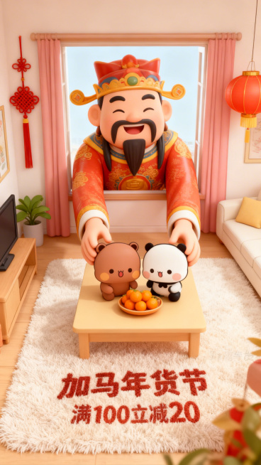 3d卡通风格，客厅景观。Q版巨大灶王爷（形象软萌）从窗户外探身进来，双手把图中主体放在客厅桌上（桌面摆放橘子、果盘），客厅装饰中国结、灯笼元素，暖色调喜庆氛围，画面底部毛绒地毯上绣着“加马年货节”“满预览效果