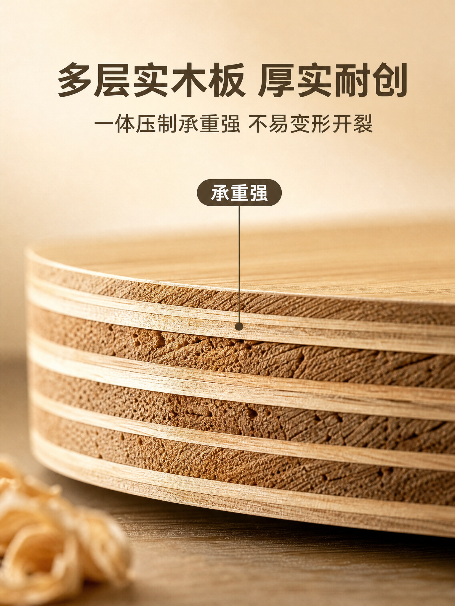 电商详情页材质细节图，多层实木板横截面特写，展示多层胶合木板结… - 图片创意预览