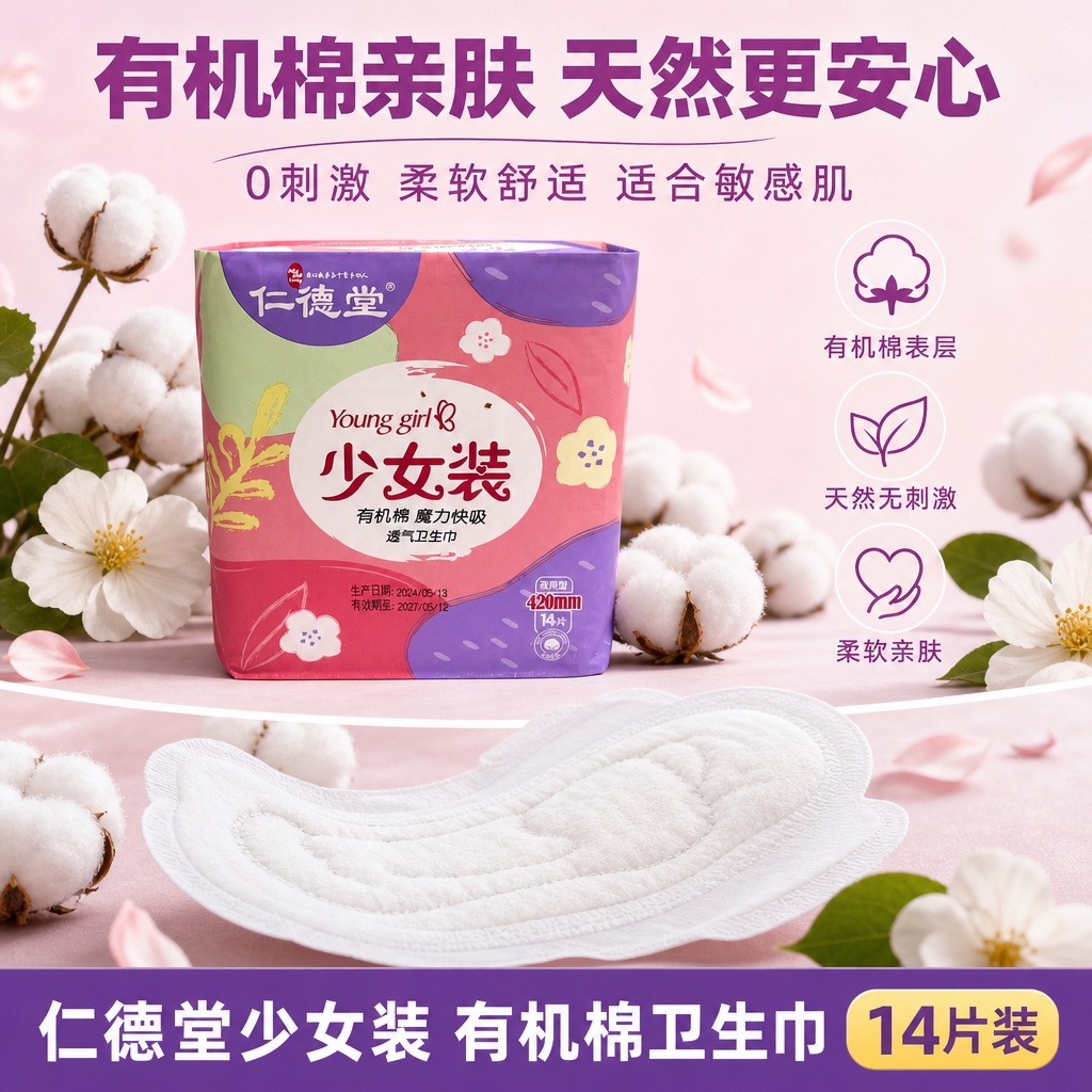 [主图-2 有机棉卖点图] 仁德堂少女装420mm有机棉卫生巾… - 图片创意预览