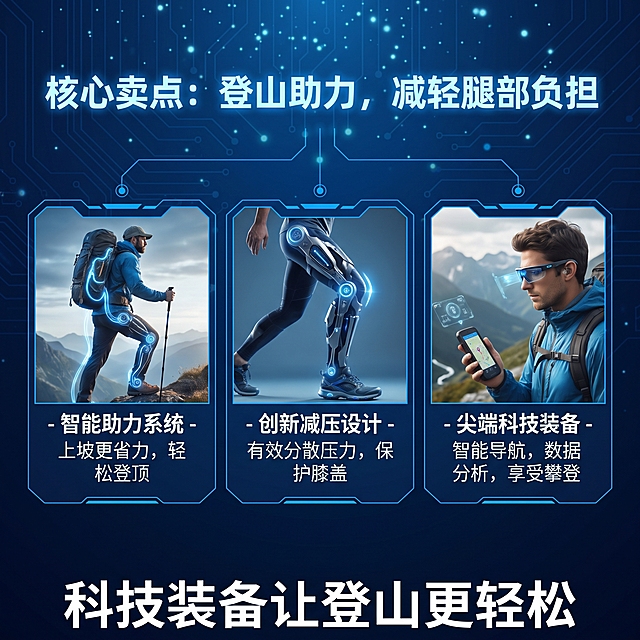 淘宝商品详情页第二屏，展示产品核心卖点，内容包含"登山助力，减轻腿部负担，科技装备让登山更轻松"，使用简洁科技排版，蓝色科技背景，突出卖点信息，比例1:1