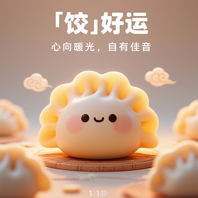 现在要为盈温暖，「饺」好运这个大主题，围绕一些小主题做系列海报，生成5张海报，画面主题都是饺子，配上分别给出的文案，要契合当下审美潮流，且各个海报风格统一成系列，注意饺子不需要太写实，可以稍微卡通一点。
文案如下：
海报1文案：
「饺」好运
心向暖光，自有佳音

海报2文案：
「饺」好友
相聚有时，温暖相知

海报3文案：
「饺」喜气
热闹入口，喜上心头

海报4文案：
「饺」团圆
最暖的馅，是人在身边

	海报5文案：
「饺」财气
元宝入腹，福财两全