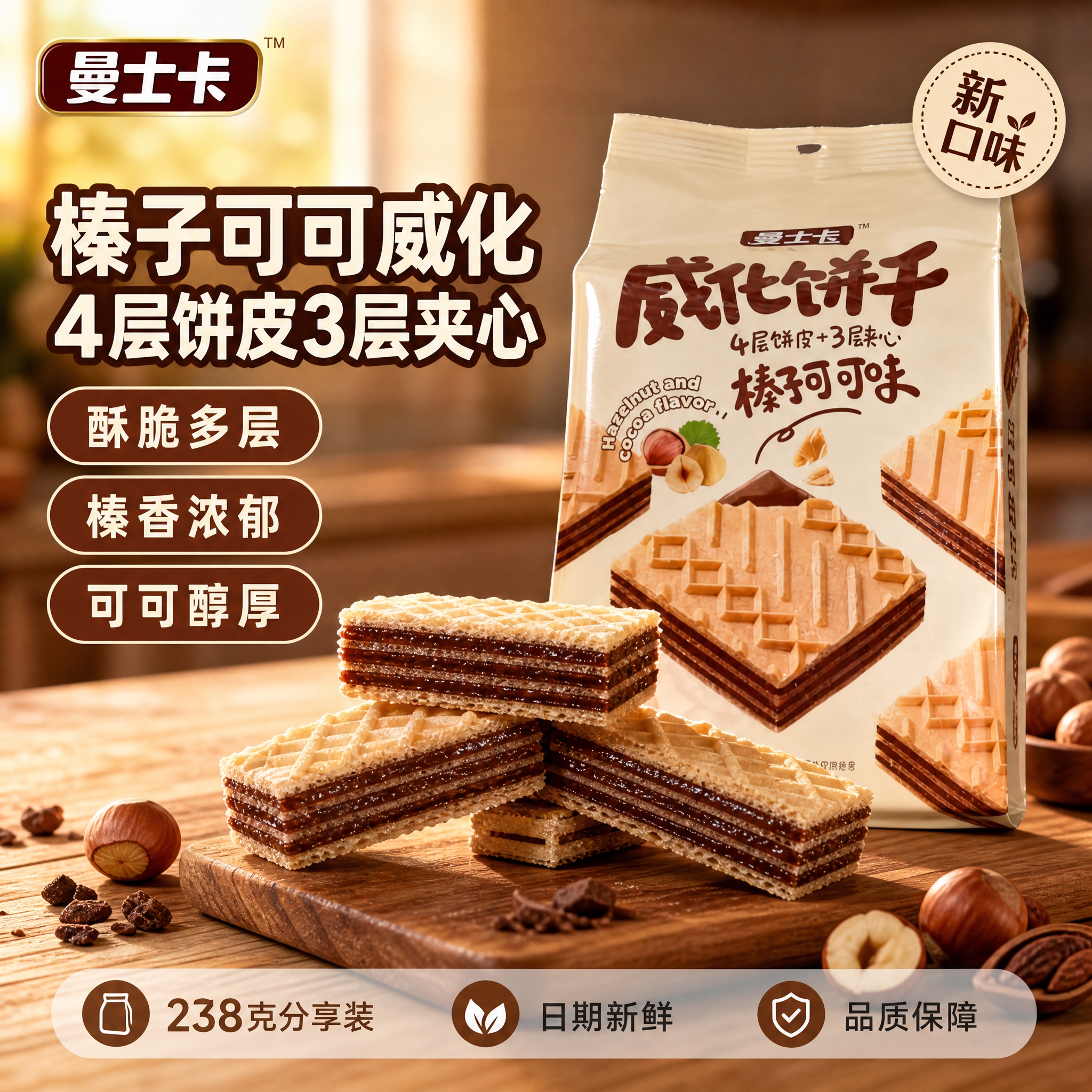 [单张主图] 曼士卡榛子可可味威化饼干 爆款促销感主图 核心目… - 图片创意预览