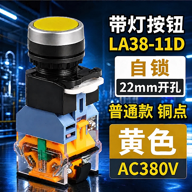 基于这张图片进行修改，其他所有元素（产品、背景、所有其他文字、排版、颜色）全部保持不动，只修改白色框中的黄色"自复位"为"自锁"，黄色字，字体、大小、位置、框样式完全不变。其他所有元素完全不变。