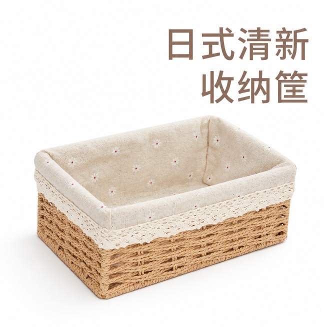 [主图-5] 日式纸绳收纳筐纯白底单品展示
[氛围风格] 干净简洁产品呈现
[画质] 商业摄影质感、光线柔和通透、产品清晰真实、画面干净高级
[元素] 空的收纳筐放置在纯白色背景，45度斜角展示产品整预览效果