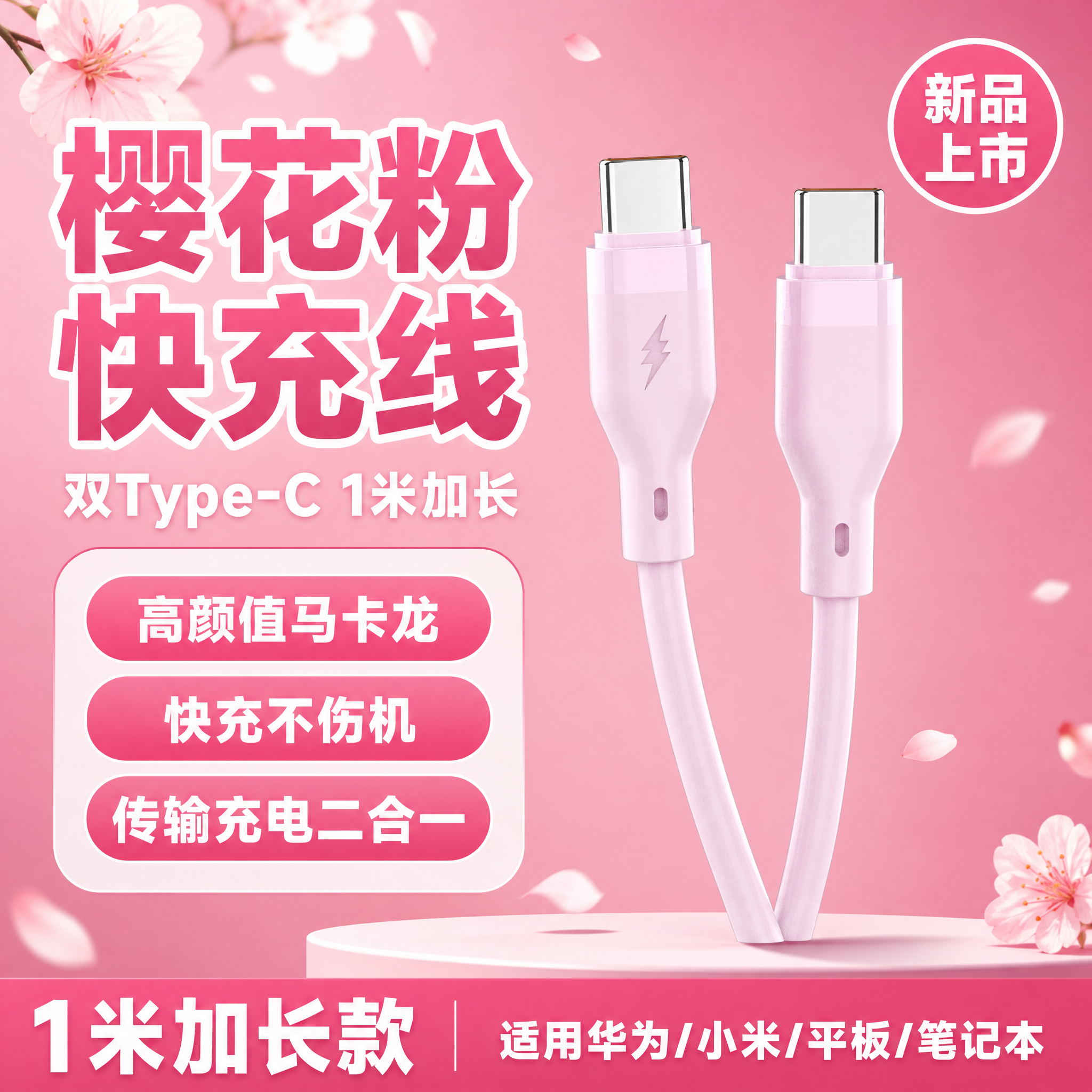 [单张主图] 樱花粉双Type-C数据线 1米 拼多多爆款促销… - 图片创意预览