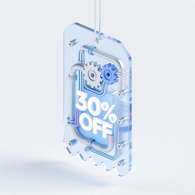 未来感3D标签，透明玻璃风结合金属管道与齿轮，科技工业美学展现30% OFF促销信息。