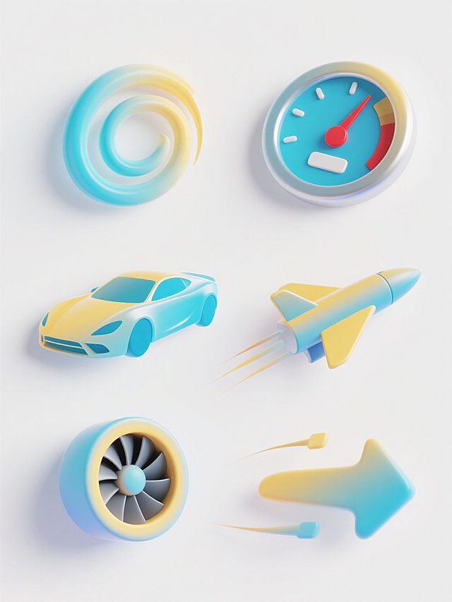 一组6个完全不同造型的速度元素3D立体图标，保持统一的渐变色彩风格（从青色到黄色的流畅过渡），每个图标都具有光滑的曲面、清晰的边缘高光和柔和的阴影，呈现出一致的塑料质感和立体感，元素包括：1. 抽象速度线条组成的动态漩涡，2. 倾斜的速度计表盘搭配红色指针，3. 流线型跑车侧视图剪影，4. 突破音障的超音速飞机，5. 旋转的涡轮叶片，6. 带有速度轨迹的箭头符号，所有图标规整地排列在纯白色背景上，间距均匀，形成一个协调的系列素材集合。