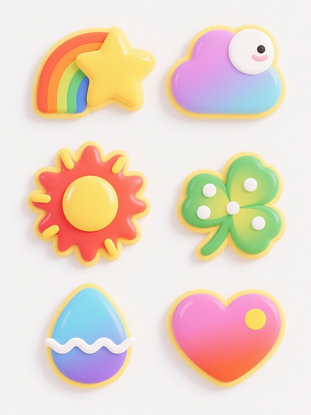 一套由六个不同元素组成的系列素材集合，每个元素均采用圆润可爱的儿童插画风格，拥有光滑的边缘、明亮的纯色填充和简洁的黄色描边，元素表面带有细微的高光以增强立体感。背景为纯白色。第一个元素是橙、黄、蓝、绿渐变彩虹搭配黄色五角星；第二个元素是粉、紫、浅蓝渐变云朵搭配白色月亮；第三个元素是红、橙、黄渐变太阳搭配黄色光芒；第四个元素是绿、浅绿、黄渐变四叶草搭配白色圆点；第五个元素是蓝、浅蓝、紫渐变水滴搭配白色波浪线；第六个元素是粉、红、橙渐变爱心搭配黄色小圆圈。所有元素类目保持为抽象几何装饰图形，整体色彩方案各不相同但保持明快活泼的调性，六个元素呈规整的2x3网格排布，彼此间距均匀，具有高度的视觉统一性和系列感。