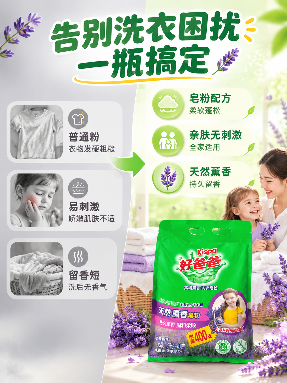 [商品] 使用【图1】好爸爸薰衣草天然薰香皂粉绿色包装袋；保留… - 图片创意预览