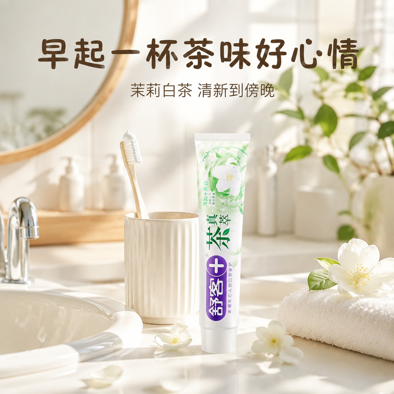 [主图-4] 茶真萃牙膏晨间洗漱使用场景图，氛围感生活方式，像… - 图片创意预览