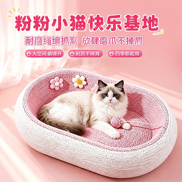 拼多多风格宠物用品主图，粉白花朵装饰椭圆形剑麻猫抓窝首图。画面中心是粉白双色椭圆形剑麻猫抓窝，窝内粉色底面有两朵立体小花装饰（一朵粉色五瓣花、一朵白瓣黄花心花），一只布偶猫慵懒地趴在窝里，前爪搭着一个粉色毛线球。背景换成干净整洁的浅粉色渐变背景，左侧有轻柔白色纱帘透光，地面是光滑浅粉色台面，整体氛围温馨粉嫩少女感。保持猫抓窝产品外观（物理结构、材质质感、粉白颜色、花朵装饰）与输入产品图一致，杜绝变形和色差，精细化处理剑麻绳编纹理。商品主体占画面70%左右，产品清晰突出。商业摄影质感，光线柔和通透，自然光从左上方洒入形成柔和阴影，产品质感真实。主色调粉色+白色，辅助色奶黄色。四分之三平视视角，景深中等，产品完整不裁切。文字版式：左上负空间大标题“粉粉小猫快乐基地”，圆润可爱粗体字，深粉色最大号；下方副标题“耐磨绳编抓窝 放肆磨爪不掉屑”，中号白色带浅粉描边；底部三个圆角粉色小标签从左到右“大空间 躺得开”“耐抓不掉屑”“四季都能用”。文字清晰可读，不遮挡猫咪脸部和产品主体。1:1正方形构图，超高清商业摄影质感。负向提示：变形，文字错乱，产品模糊，背景杂乱，水印，电商平台Logo，多余的手，畸形手。