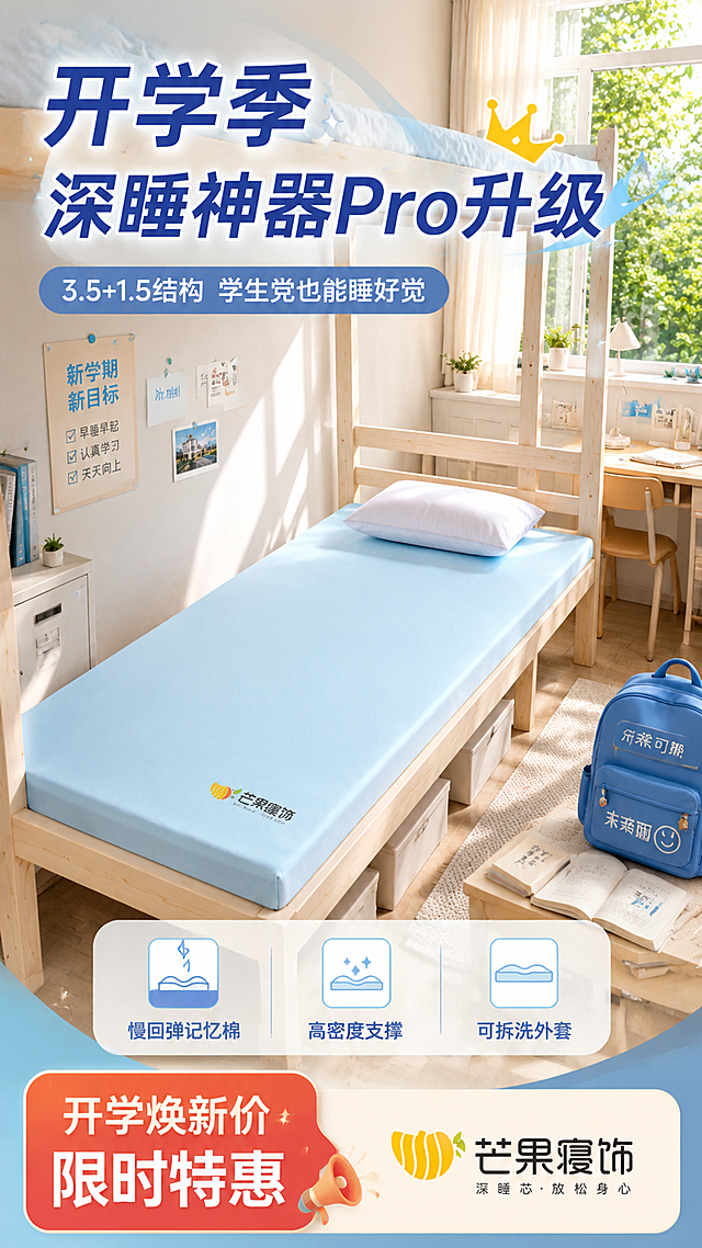 芒果寝饰深睡零压垫Pro开学季活动促销海报，清新校园风格，写实商业摄影。画面主体是浅蓝色芒果寝饰床垫铺设在宿舍上下铺床上，100%还原上传商品图的产品外形、颜色、材质、LOGO与品牌文字，以上传图为唯一商品主体来源。画面顶部大标题"开学季 深睡神器Pro升级"，副标题"3.5+1.5结构 学生党也能睡好觉"，中部三个卖点图标："慢回弹记忆棉"、"高密度支撑"、"可拆洗外套"，底部红色促销标签"开学焕新价 限时特惠"和"芒果寝饰"品牌标识。蓝白+橙红点缀配色，校园宿舍场景，阳光从窗户洒入，温馨青春，版式精美，信息层级分明，四周留足安全边距。画面中所有数字必须精确渲染，不得错位、遗漏或编造。画面中所有信息区域必须填充完整合理的内容，不得出现空白框或占位。