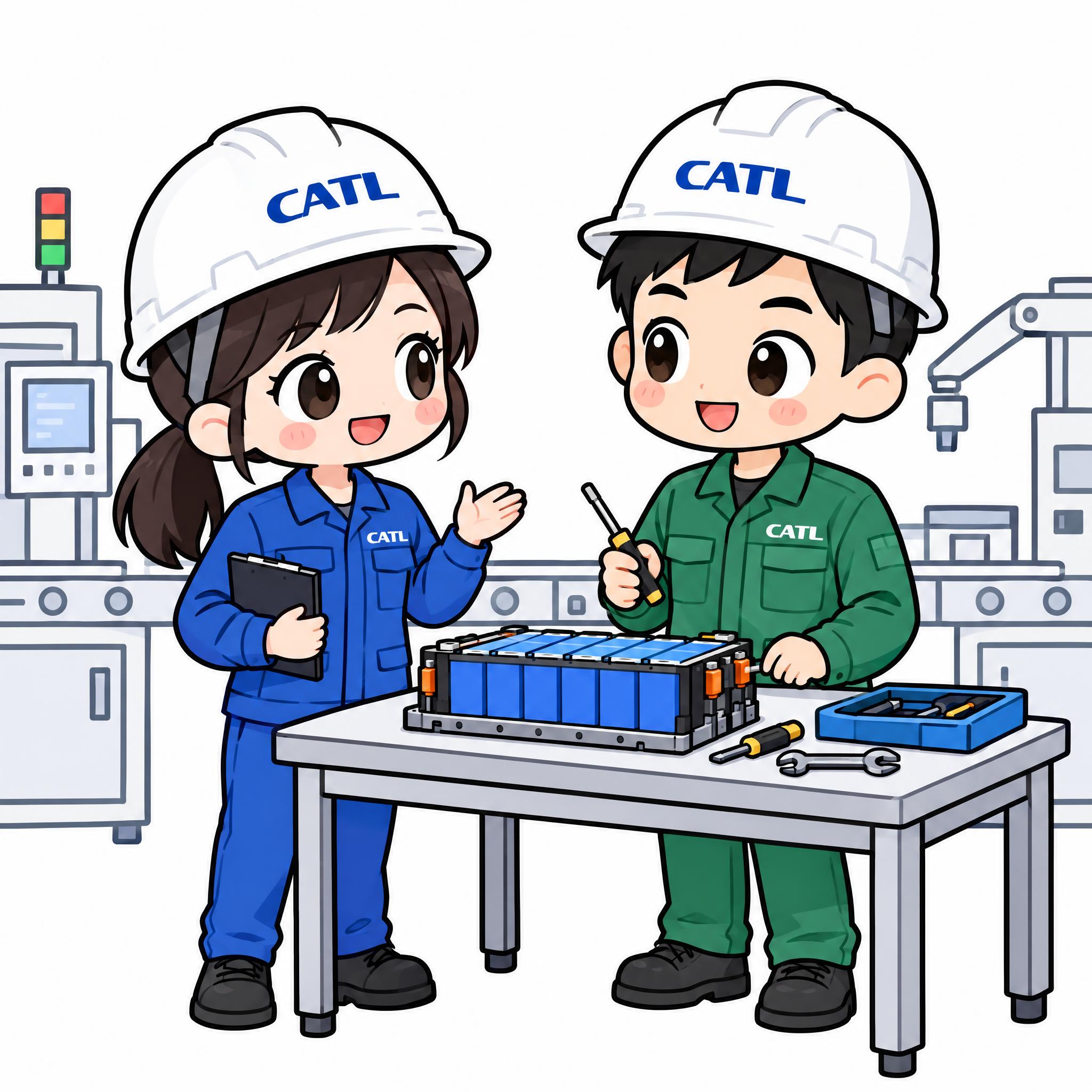 Q版可爱卡通双人组合，CATL工程师与技术员在车间场景，左边女… - 图片创意预览