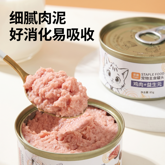 [主图 3] 语迪宠物主食罐头质地细节特写图。[氛围风格] 专业宠物食品电商摄影，ins清新风，真实产品渲染，商业海报质感，整体风格与首图保持统一。[画质] 商业摄影质感、光线柔和通透、产品清晰真实、预览效果
