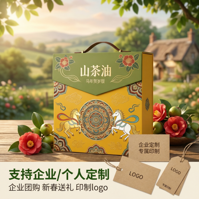 [主图 4] 定制服务场景展示
[氛围风格] 乡村田园治愈风，自然温馨氛围。
[画面元素] 商业摄影质感、光线柔和通透、产品清晰真实、画面干净高级。山茶油礼盒放置在田园木桌上，旁边搭配新鲜山茶果和牛皮预览效果