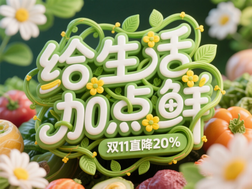 字体设计“给生活加点鲜 双11直降20%”，多层字体设计，第一层是白色，第二层是绿色。卡通可爱的藤蔓字体，植物缠绕，带有黄色小花， 叶片花纹字形，字形生动，自由，活泼，简约。花朵和生鲜食物背景。高饱和预览效果