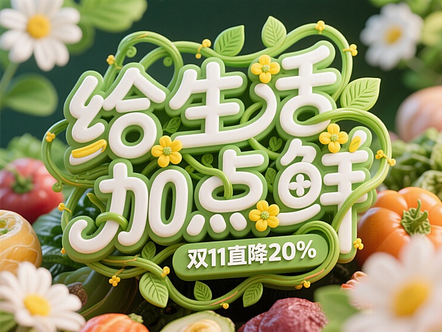 字体设计“给生活加点鲜 双11直降20%”，多层字体设计，第一层是白色，第二层是绿色。卡通可爱的藤蔓字体，植物缠绕，带有黄色小花， 叶片花纹字形，字形生动，自由，活泼，简约。花朵和生鲜食物背景。高饱和色调。