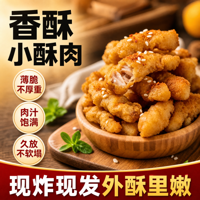 使用爆款主图复刻技能生成1张比例1:1的电商主图，适配平台为抖音，商品为「图片1」，参考图为，商品卖点为外皮薄脆不厚重，内里肉汁饱满，久放不软塌、不发柴，清晰吸睛图，有食欲预览效果