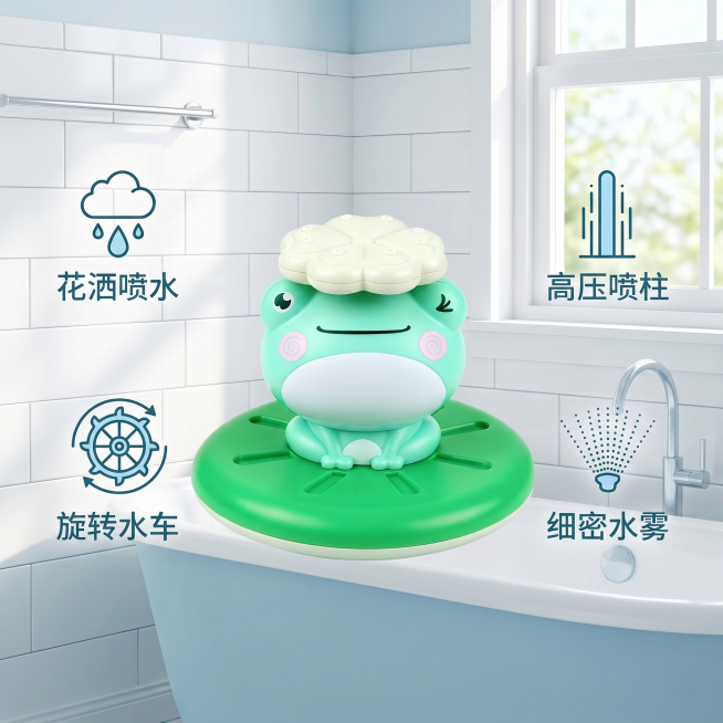 [主图-2] 儿童戏水玩具喷水青蛙卖点展示，清新浴室背景，保持产品外观结构颜色与原图一致，展示产品四合一多功能设计，四个核心功能用简约图标标注，整体和首图风格统一，清新干净，1:1，2k，产品清晰，文预览效果