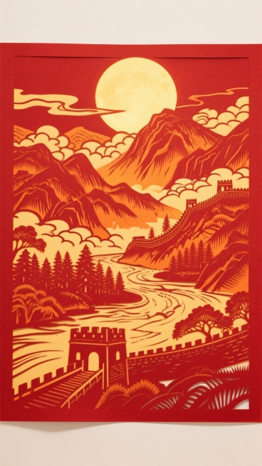 一幅壮丽的中国山脉和森林在满月下的宽广视角全景图，由一片朱红色纸张精细激光切割而成。整个场景是一件精致的剪纸艺术品，负空间形成了云彩、河流和远处长城的轮廓。月亮是一个完美的圆形镂空，背后透出温暖的金色预览效果