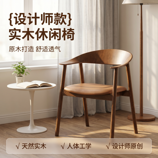 [主图 1] 实木单人椅温馨家居场景首图。
[氛围风格] 温馨舒适家居治愈风，自然慵懒氛围感；
[画质] 商业摄影质感、光线柔和通透、产品清晰真实、画面干净高级。
[元素] 单人木质椅子放置在简约客厅预览效果