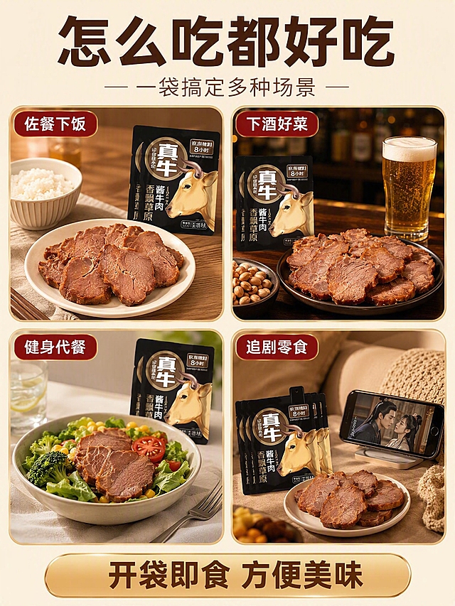 [第5张] 场景种草-日常食用场景拼图。电商详情页，食品饮料类。
[氛围/风格] 生活化场景感+温馨烟火气，暖色调，真实家居摄影风格。
[元素布局] 2×2圆角卡片式拼图布局，共4个场景：左上"佐餐下饭"：米饭碗+酱牛肉片+青菜，餐桌场景；右上"下酒好菜"：啤酒杯+酱牛肉盘+花生米，吧台场景；左下"健身代餐"：沙拉碗+酱牛肉+西兰花，健身餐场景；右下"追剧零食"：酱牛肉小袋+手机+沙发，休闲场景；每张卡片内都有清晰的酱牛肉产品露出。
[光影质感] 每个场景独立打光，整体暖光柔和，家居环境自然光感，温馨舒适。
[配色色系] 全局底色 #FFF5E6 暖米色；主色牛肉红棕；辅助色各场景本色点缀，卡片白底细棕边。
[视角构图] 正面居中拼图布局。
[文字版式] 顶部大标题"怎么吃都好吃"，深棕色粗黑体；副标题"一袋搞定多种场景"，中棕色细体；4张卡片各有场景标签："佐餐下饭""下酒好菜""健身代餐""追剧零食"，标签为红棕色圆角矩形白字；底部金色横条"开袋即食 方便美味"。
[比例分辨率] 3:4竖版比例，2K分辨率，文字清晰可辨，高清画质。
[负向提示词] 场景模糊，牛肉不清晰，文字错乱，水印，卡片变形。