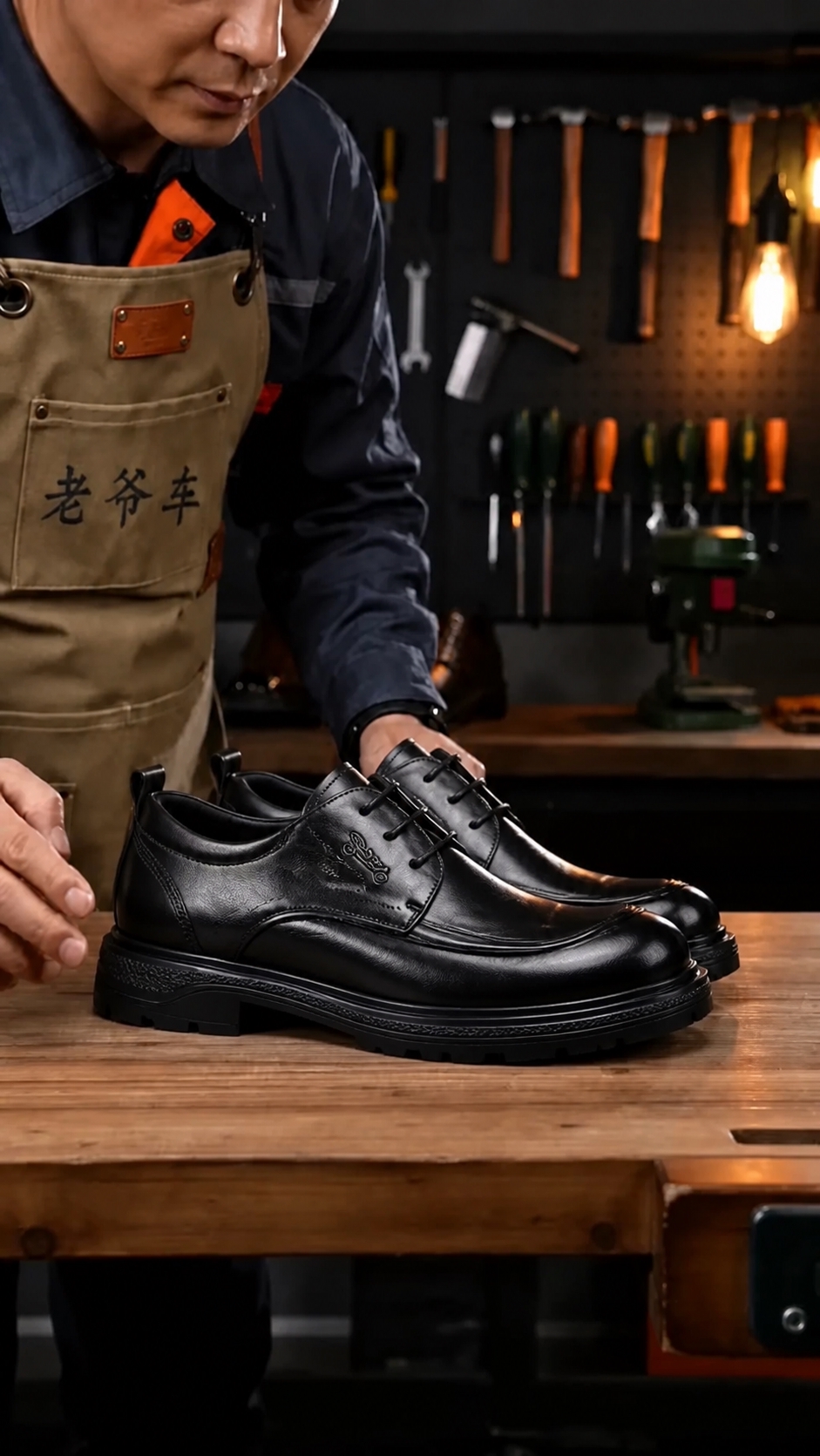 将图中木桌上的棕色皮鞋替换为图2图3中的黑色系带皮鞋款式，保留… - 图片创意预览