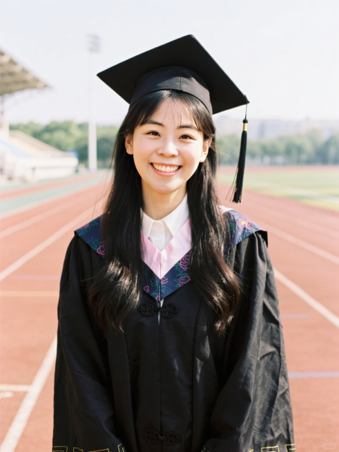 女生，正面毕业照，穿着学士服，戴着学士帽，背景是校园操场跑道预览效果