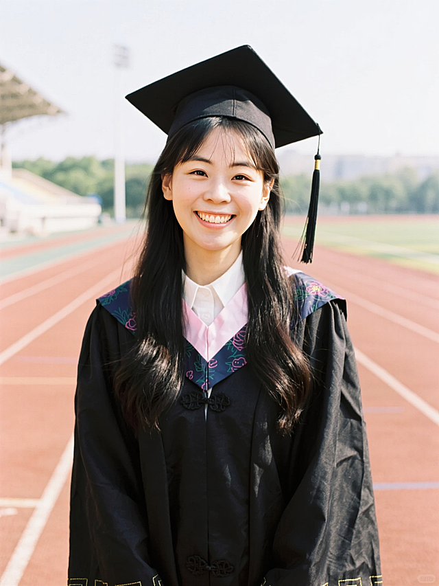 女生，正面毕业照，穿着学士服，戴着学士帽，背景是校园操场跑道