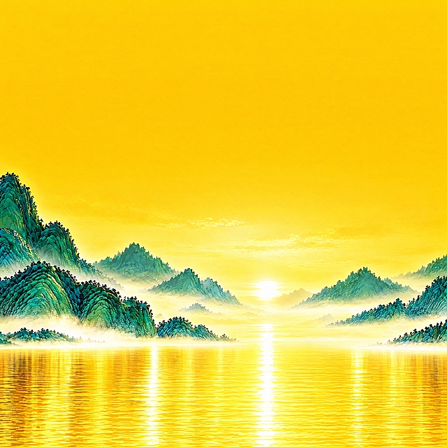 移除画面底部的金色圆形托盘/台面，保留完整的水面和山水背景，水面自然衔接完整，画面干净