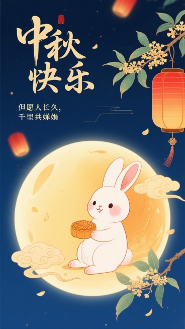 新中式风格中秋节兔子海报，画面中央是一只拟人化卡通兔子坐卧在满月上，手持月饼，周围环绕祥云和飘落的桂花，左侧有挂着的古典灯笼，背景为深蓝色夜空，主标题“中秋快乐”采用飘逸书法体，副标题“但愿人长久，千预览效果