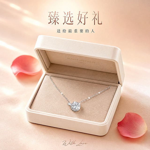 [主图-6] 礼赠场景 礼盒包装展示 突出礼赠价值与仪式感
[统一基调] 精致高级珠宝摄影风格 香槟粉与奶油白渐变背景 柔光箱高光 窄条轮廓光 星芒点光点缀 文艺纤细衬线字体 玫瑰金与白色文字搭配 极少量文案 克制优雅
[画面] 米白色长方形首饰盒半开摆放在画面中央 盒盖向后倾斜 盒内浅米色绒布内衬上 项链整齐摆放 吊坠位于盒中央 链条在两侧自然弯曲 首饰盒旁边散落两三片玫瑰花瓣 盒盖内侧隐约可见品牌烫金标识区域 背景为温暖的香槟粉到金色的渐变 上方有柔和的光晕 产品外观与输入图完全一致
[光影质感] 高端礼赠摄影质感 首饰盒材质细腻有质感 绒面内衬有柔和的绒毛光泽 项链珠宝级精修 主石闪耀有火彩 金属有轮廓光 整体光影温暖柔和 盒子底部有自然投影 营造仪式感
[配色] 背景香槟粉到金色渐变 首饰盒米白色 绒布浅米色 花瓣玫瑰红色 项链银色 文字玫瑰金色 整体温暖浪漫有礼赠感
[文字版式] 画面上方居中两行文案 主标题"臻选好礼" 玫瑰金色纤细衬线体 字号适中 下方小字"送给最重要的人" 深灰色细体 字号缩小50% 文字放在上方负空间 不遮挡礼盒与项链 底部极小号手写体英文"With Love"
[输出要求] 1:1正方形 2048x2048像素 文字清晰 产品与礼盒细节锐利 无变形 无错字 无模糊 无水印 无平台Logo 禁止礼盒廉价感 禁止花瓣杂乱 禁止整体过曝