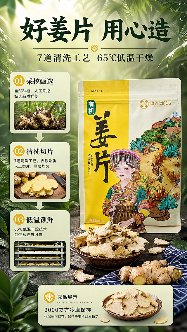 [商品] 使用【图6】干姜片、鲜姜与包装袋组合；保留各物品外观、颜色、形态与包装文字。
[画面] 目标：工艺展示页，呈现从鲜姜到干姜片的匠心制作过程。构图：纵向三段式工艺流程图，从上至下依次为"采挖鲜姜""清洗切片""低温干燥"三个阶段，每段配小图与文字说明，底部为成品干姜片展示。背景为浅绿渐变+雨林植物元素点缀。
[视觉] 套系策略：风格=山地雨林原生态商业摄影风；标题字=书法衬线粗体；正文字=简洁无衬线体；主色=森林深绿+姜黄；背景延展=基于森林深绿做深浅层级、雨林植物剪影和阳光穿透质感；强调色=姜黄色，仅用于小面积图标、引线和标签；标题色=深墨绿；正文色=深灰绿；组件=圆角浅绿信息卡、箭头连接线、植物叶片装饰；光影=均匀柔光，各段独立布光突出主体。
[文字] 顶部主标题"好姜片 用心造"，副标题"7道清洗工艺 65℃低温干燥"，三个工艺节点分别配标题"采挖甄选""清洗切片""低温锁鲜"及简短说明，底部成品区配"2000立方冷库保存"，全部文字横向排版。
[规格] 图片比例9:16竖版，4K，负向：避免变形、错字、文字过小、产品颜色改变、冷蓝背景、医疗功效宣传、极限词。