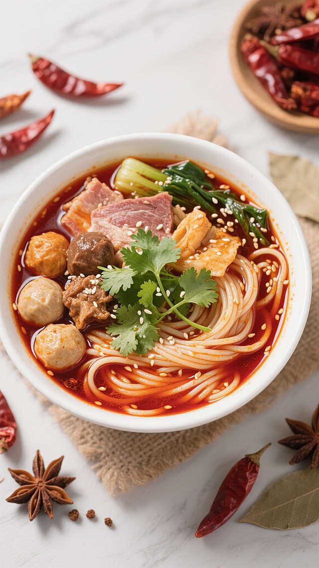 一碗热气腾腾的麻辣烫，鲜红油亮的汤底中漂浮着各种食材，有嫩滑的肉片、Q弹的丸子、新鲜的蔬菜和劲道的面条，表面撒着翠绿的香菜和白芝麻，碗的周围摆放着一些干辣椒和香料，整体干净清爽，适合作为背景素材使用