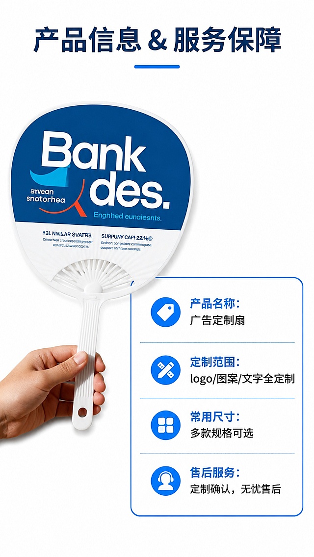 [第8屏] 规格参数与售后保障，本屏使用【图5】广告扇作为产品展示。
[氛围/风格] 规范信息卡风格，简洁清晰，专业可信，信息排布工整。
[元素布局] 【图5】广告扇放在画面左上部分，占比约35%，右下区域放置参数信息卡，包含产品名称、定制范围、常用规格、售后服务四项内容，排版工整分区明确。产品结构颜色保持与原图一致。
[光影质感] 均匀柔光，产品清晰，信息卡文字锐利，整体干净无杂乱阴影。
[配色色系] 全局底色 #FFFFFF，信息卡边框蓝色#2563EB，标题深蓝色，正文黑色，清晰易读。
[视角构图] 左产品右信息，斜向构图，重心稳定，信息层次清晰。
[文字版式] 顶部通栏标题「产品信息 & 服务保障」，加粗居中。参数信息卡分条列出：产品名称：广告定制扇；定制范围：logo/图案/文字全定制；常用尺寸：多款规格可选；售后服务：定制确认，无忧售后。每个项目加粗标题，内容紧跟，文字清晰，适合移动端阅读。
[比例分辨率] 9:16竖版比例，4K分辨率，文字清晰可辨，高清画质。
[负向提示词] 产品变形，信息混乱，文字过小，颜色刺眼，水印