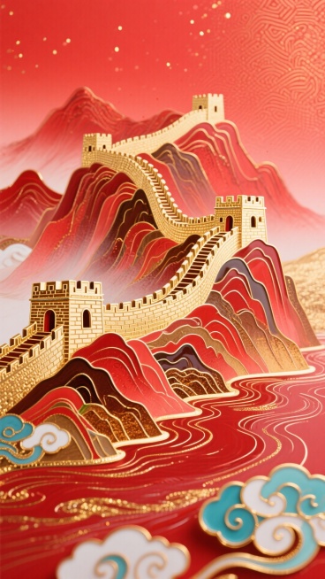 国庆主题，正红色渐变背景（鎏金暗纹点缀），非遗掐丝珐琅工艺打造的蜿蜒长城（城垛清晰，鎏金掐丝勾勒轮廓，珐琅釉色饱满），珐琅工艺绘制的壮丽山河（山峦层叠，珐琅釉色含绯红、金棕、赭石色过渡，江河泛鎏金波光预览效果