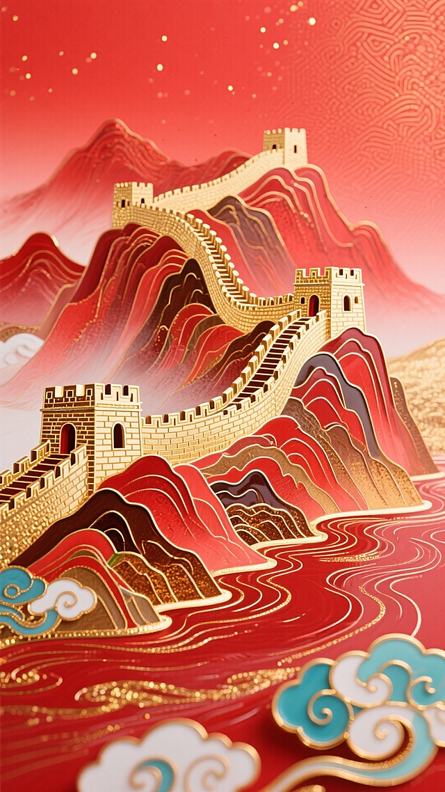 国庆主题，正红色渐变背景（鎏金暗纹点缀），非遗掐丝珐琅工艺打造的蜿蜒长城（城垛清晰，鎏金掐丝勾勒轮廓，珐琅釉色饱满），珐琅工艺绘制的壮丽山河（山峦层叠，珐琅釉色含绯红、金棕、赭石色过渡，江河泛鎏金波光），前景缀珐琅祥云纹样，整体庄重喜庆