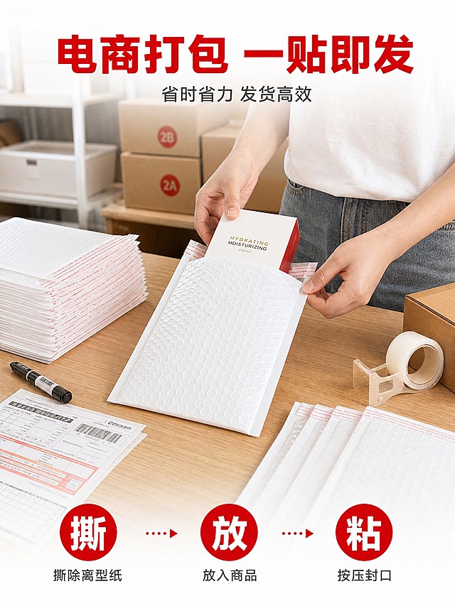 [主图-4 3:4] 真实使用场景图，竖版展示气泡信封袋在电商打包发货场景中的实际应用。
[统一基调] 国内淘宝电商主图，红白为主配色，背景以纯净白色为主，局部用正红色做标题和强调色；字体为粗黑无衬线中文标题字 + 常规无衬线说明字；整体风格专业、洁净、实用、有品质感；画面干净通透，商业摄影质感。
[画面] 竖版构图，画面中上部呈现电商打包发货桌面场景俯视角：浅木色桌面上，一双手正在将小件商品（如化妆品/饰品盒）放入气泡信封袋并撕除自粘条封口；桌面上散落着快递单、胶带座、记号笔等打包道具，旁边有一叠未使用的气泡袋和几只已封好的气泡袋；背景是简洁的仓储/打包台环境，虚化处理突出前景；产品占画面约50%。整体氛围明亮整洁，有真实打包感。
[光影质感] 自然光从侧上方照入，桌面有柔和光影，手部动作自然，气泡袋在桌面上有真实接触阴影，场景融合自然，无硬切边缘。
[配色] 场景主色为木色+白色+浅灰；主标题红色；说明文字深灰；保持红白主色调在文字和强调元素上，场景色服从环境。
[文字版式] 画面顶部红色粗体主标题「电商打包 一贴即发」，下方灰色小字副标题「省时省力 发货高效」；画面底部有三个红色圆形图标+白字：「撕」「放」「粘」，下方对应灰色小字说明：「撕除离型纸」「放入商品」「按压封口」；文字放在负空间，不遮挡手部动作和产品主体。
[输出要求] 3:4竖版，1440×1920，72dpi，场景自然真实，产品融入场景不悬浮，手部姿态正常；负向：禁止手部畸形、手指异常、产品变形、错字、模糊、水印、平台Logo、人物面部。