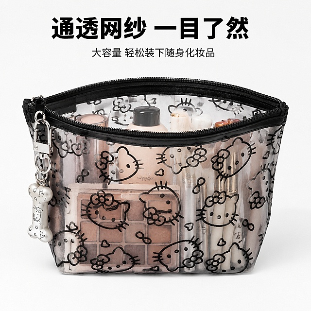 「图片1」「图片1」「图片1」「图片1」，生成一套主图（5张），商品名称是化妆品收纳袋，卖点是便携外出化妆包，实用，可爱Kitty，适配抖音平台，主图比例为1:1