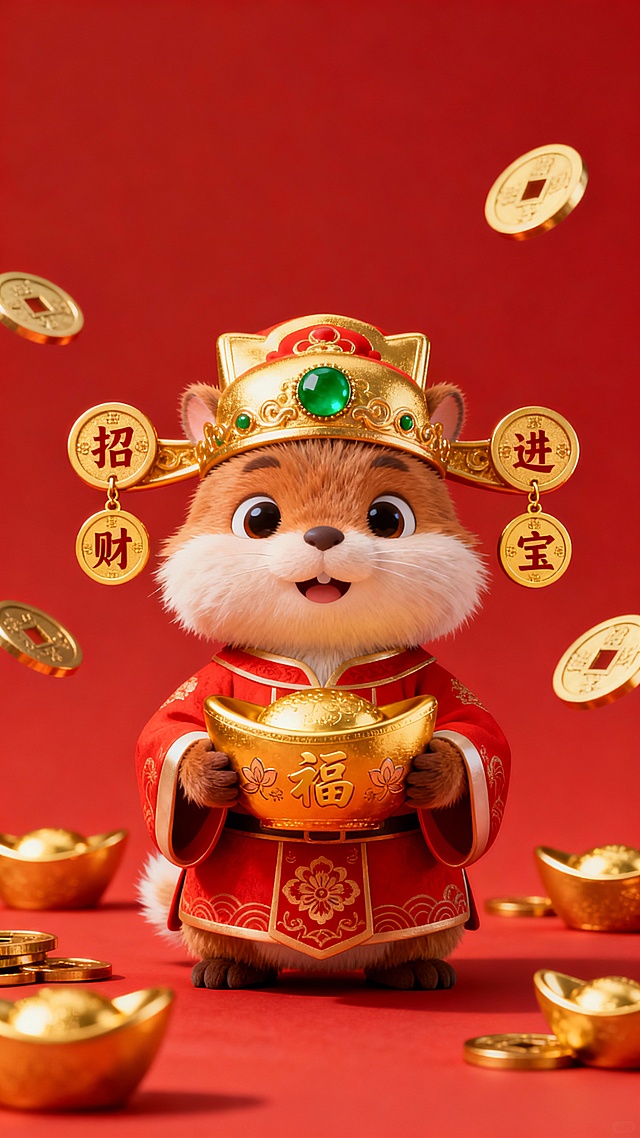 3D风格，可爱的卡通动物形象，穿着传统红色财神爷服装，头戴金色财神帽，帽子上有绿色宝石装饰和两个写有“招财进宝”的金色圆形吊坠，双手捧着一个金色的元宝，元宝上有“福”字和花纹，背景为纯红色，周围散落着多个金色的铜钱和元宝，整体呈现出喜庆、吉祥的氛围，光影柔和，高光表现细腻，动物形象毛茸茸的质感清晰可见，构图居中，视觉焦点突出。