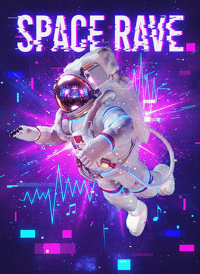 保持宇航员主体。生成1张故障风格的音乐节大字海报，发挥你的创意