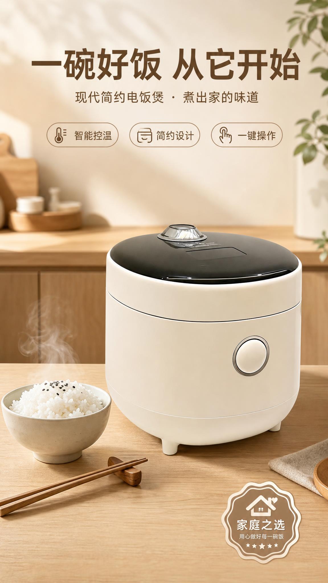 电饭煲电商海报，现代简约风格，温馨家庭氛围。电饭煲100%还原… - 图片创意预览